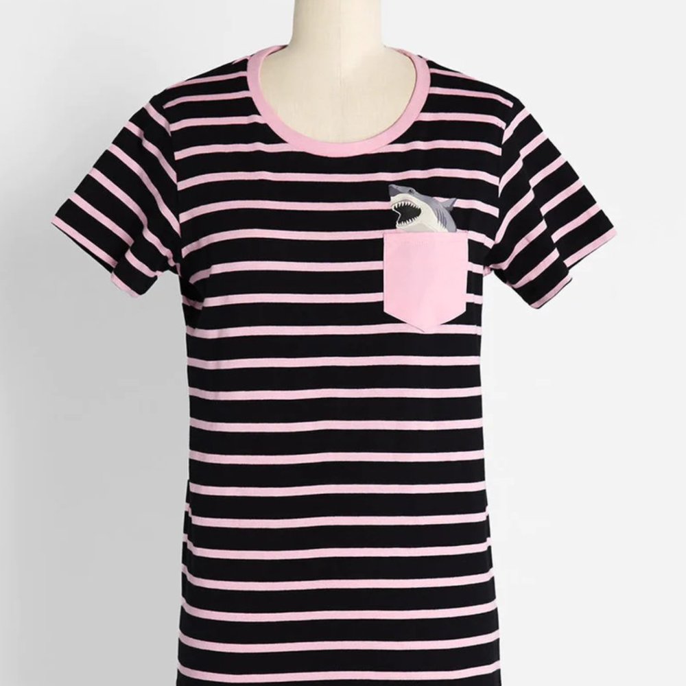 Dangerfield Pink and Black stripe T- shirt with shark bite pocket, Size AU12